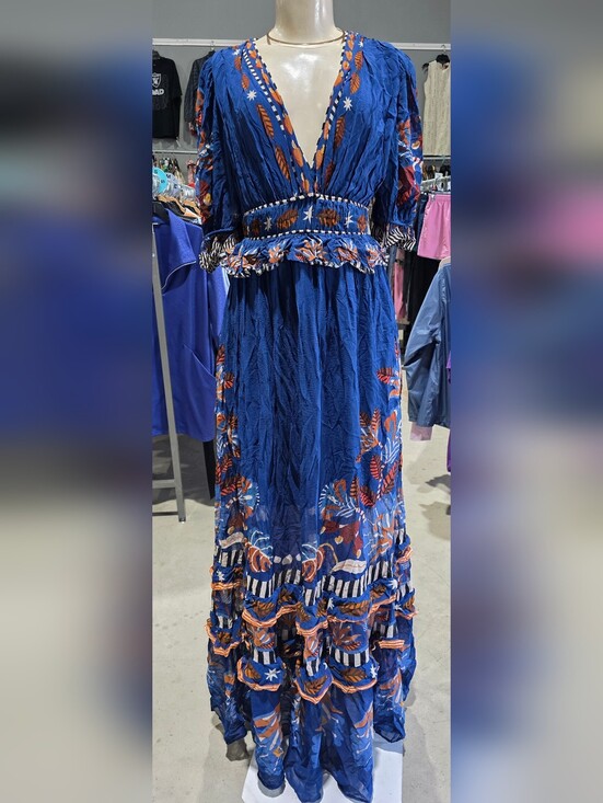 FARM Rio Dresses & Skirts - FARM Rio Blue Maxi Dress with Orange & White Floral Accents